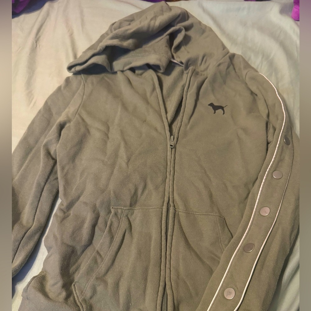 Olive Green Zip-Up Hoodie with PINK Dog Logo